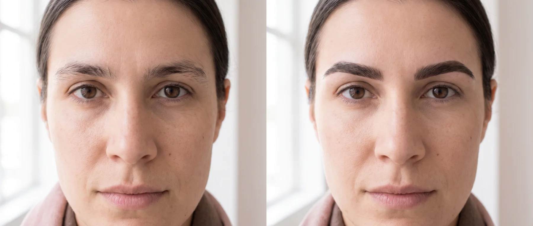 Illustration: the same brows before and after shaping, untidy and uneven on the left, shaped and tinted with a defined arch on the right