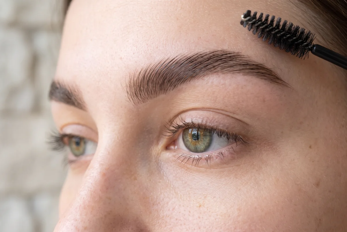 A close crop of a groomed brow, the hairs brushed up and a spoolie held just above it