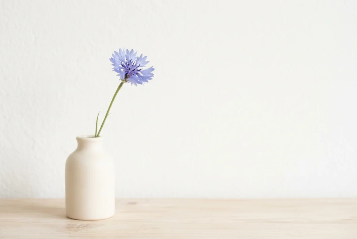 A single cornflower in a small cream ceramic vase on a pale timber surface