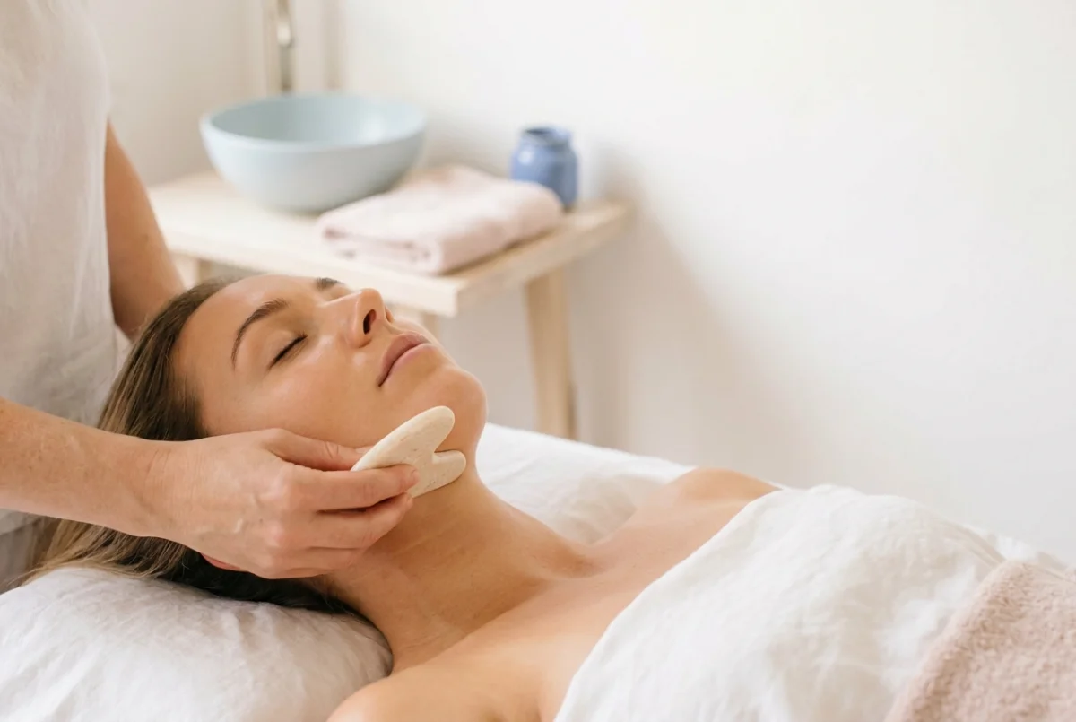 A pale stone gua sha tool drawn along the jawline in a bright treatment room