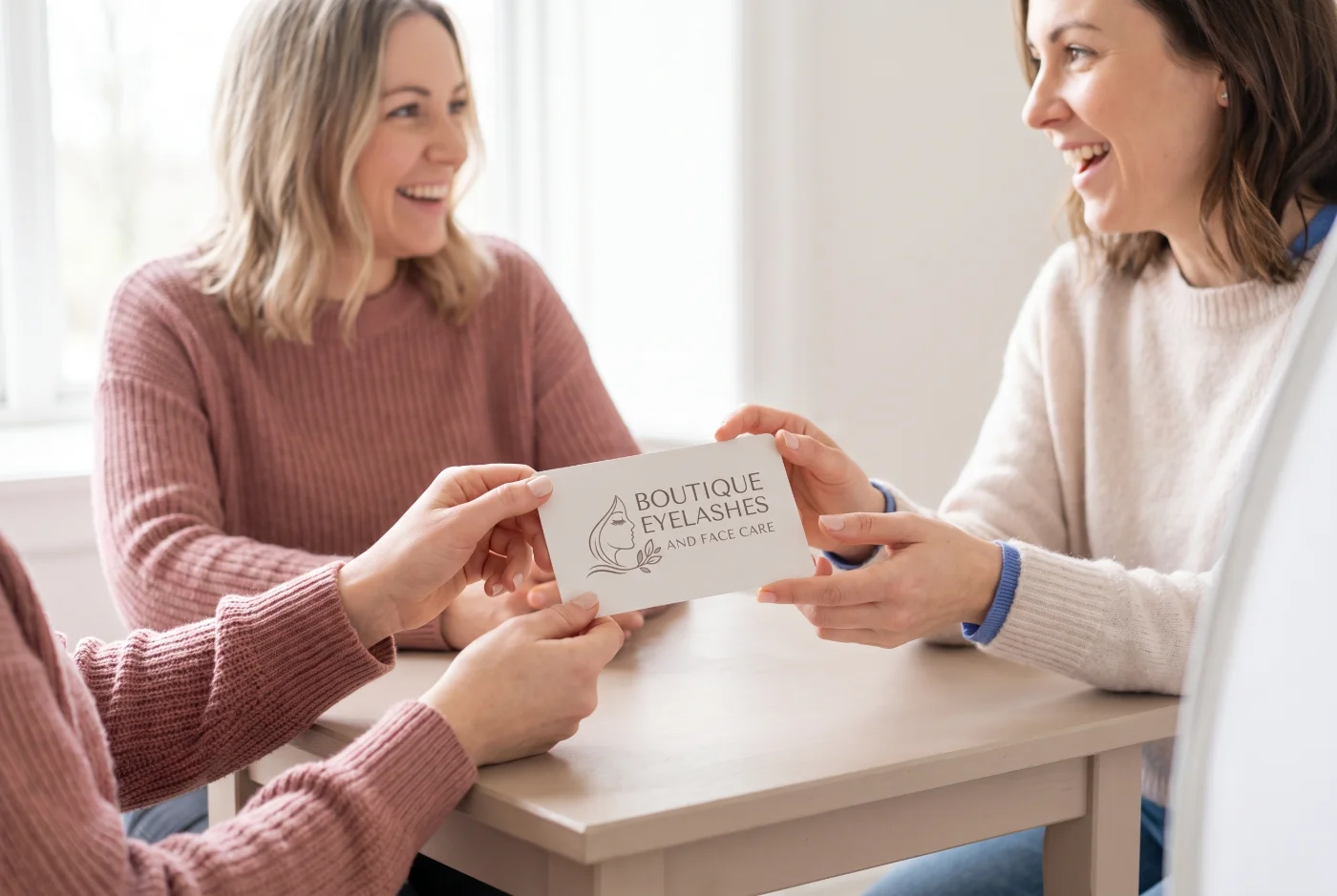 One woman handing a Boutique Eyelashes and Face Care gift card across a table to another, who is laughing