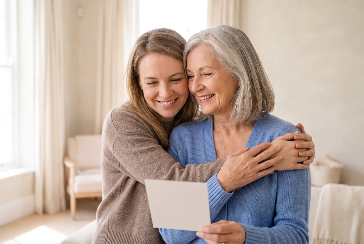 A daughter hugging her mother, who is holding the gift card she has just been given