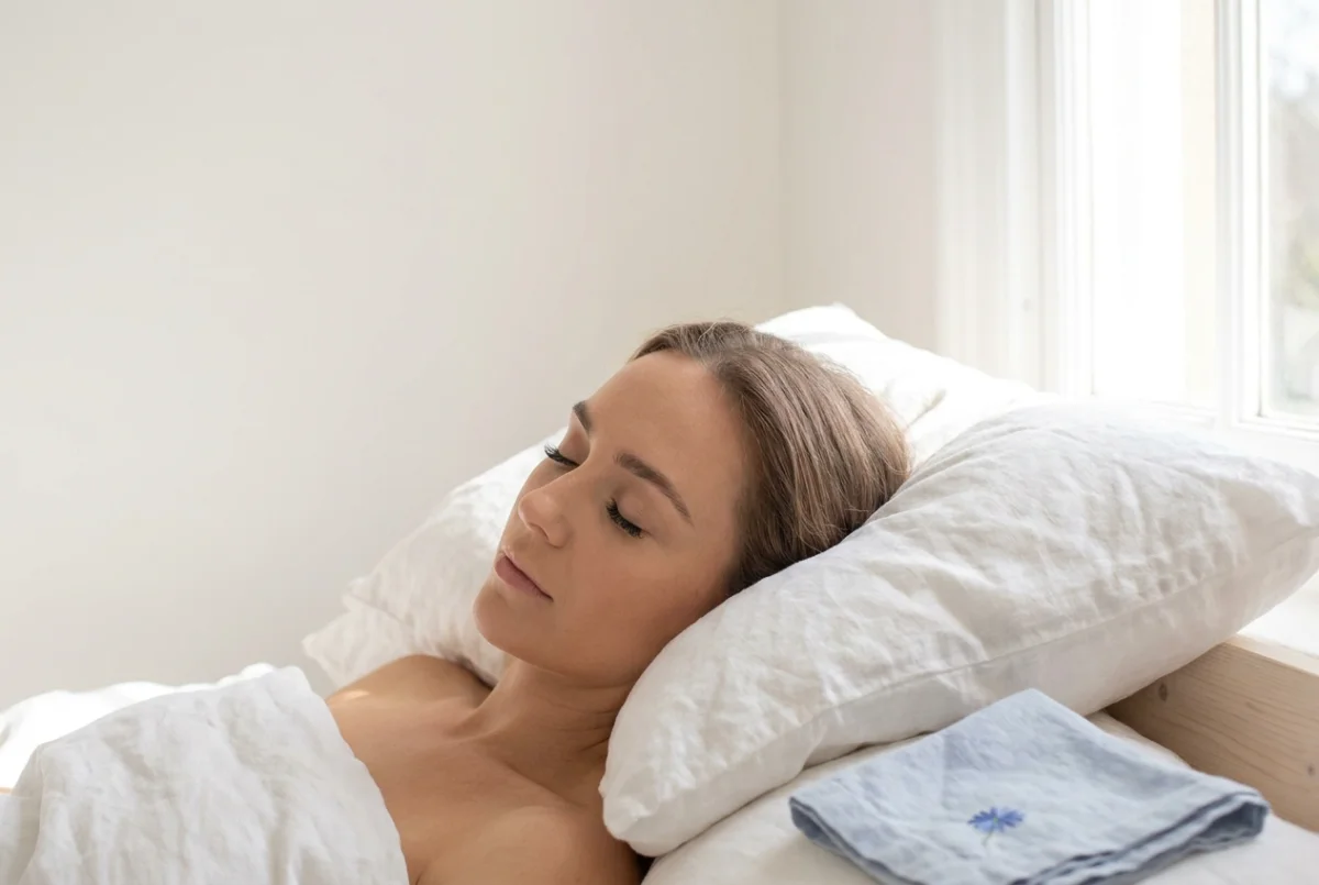 A client resting with her eyes closed after a lash appointment, extensions softly fanned